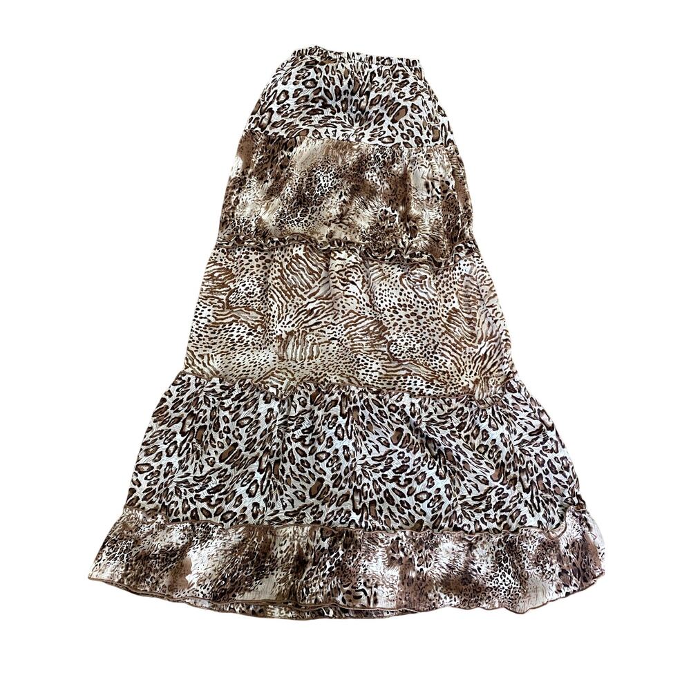 Vintage Y2K Brown Animal Print Tiered Maxi Skirt Petite XL